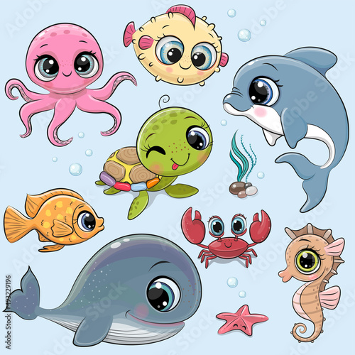 Set of marine animals isolated on a blue background