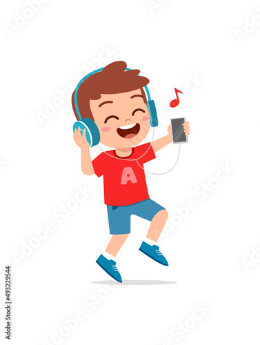 little boy listening music from the smartphone