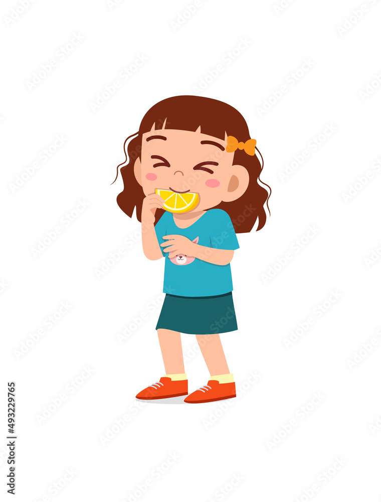 little girl eat sour lemon and show funny expression