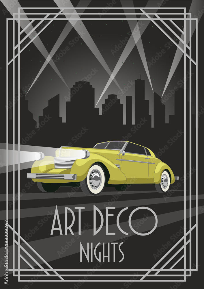 Art Deco Night Retro Car Poster. 1920s Art Deco Style Illustration Stock Vector Adobe Stock