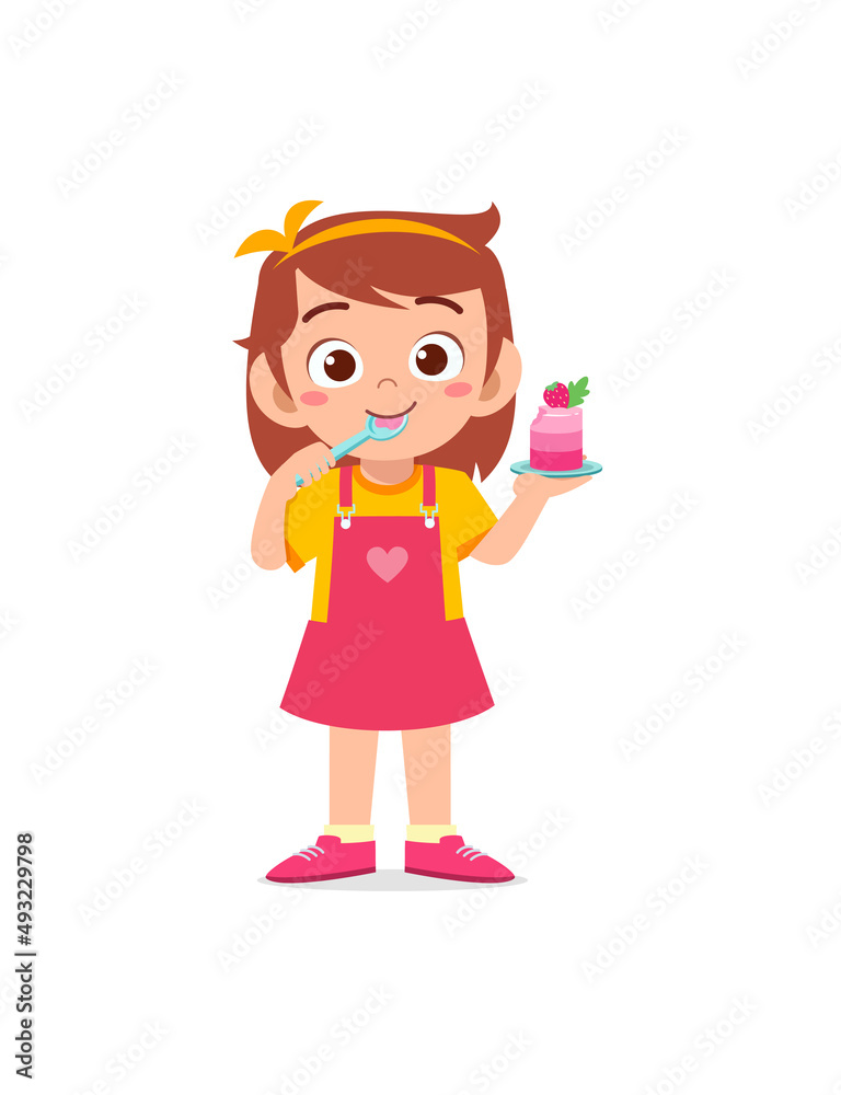 little girl eat sweet cake and feel happy little girl eat sweet cake and feel happy