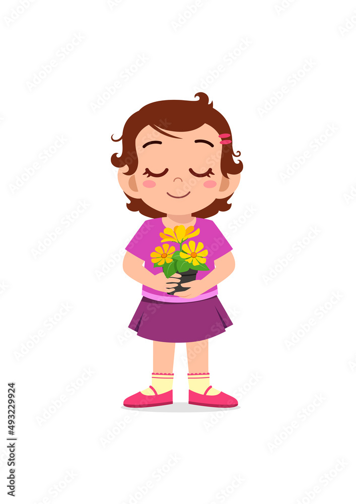 little girl holding flower and sniff the scent little girl holding flower and sniff the scent
