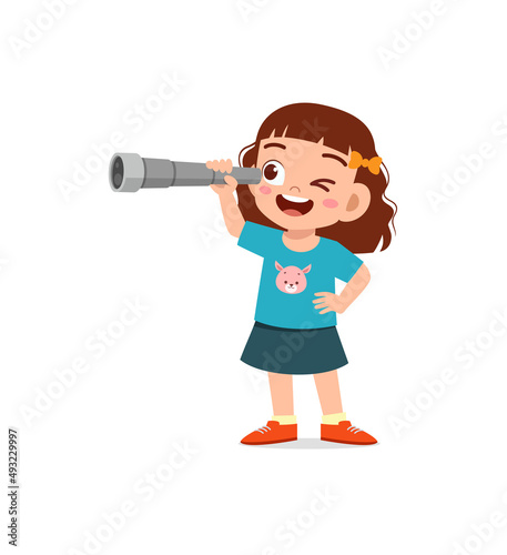 little girl standing and see using telescope