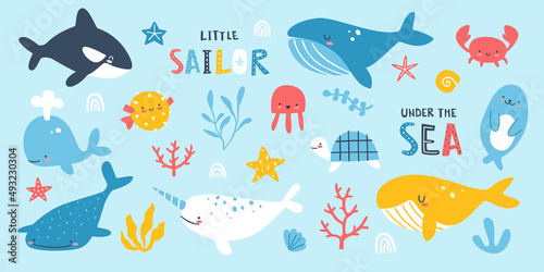 Bundle of sea animals and plants. Cute marine set with lettering. Underwater vector collection. © Sonium_art