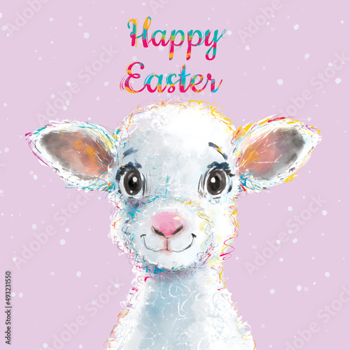 Happy Easter. Greeting cards or posters with lamb. Cute lamb poster template. Spring colours.