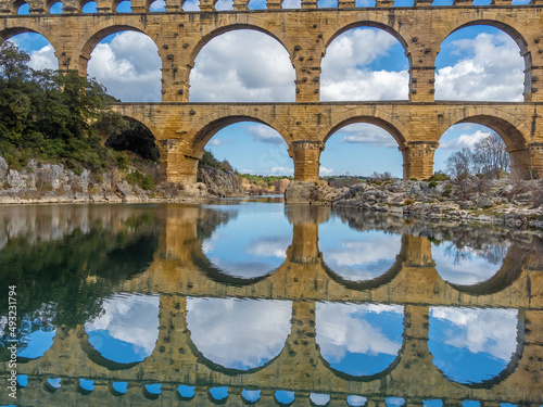 The magnificent Pont du Gard, an ancient Roman aqueduct bridge, Vers-Pont-du-Gard in southern France. Built in the first century AD to carry water to the Roman colony of Nemausus (Nîmes)
