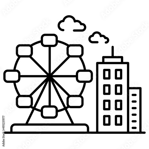 Down town with clouds Vector Icon Design, American culture and traditions Symbol, United States Social Sign, US Arts and literature Stock illustration, amusement park with high rise building Concept