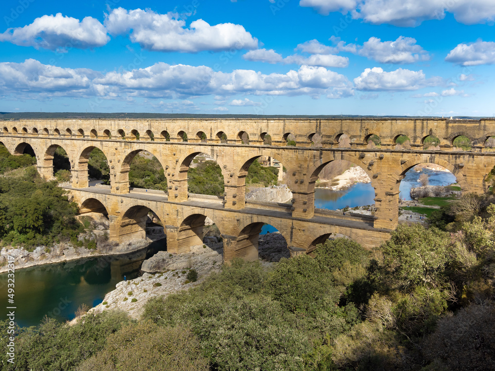 The magnificent Pont du Gard, an ancient Roman aqueduct bridge, Vers-Pont-du-Gard in southern France. Built in the first century AD to carry water to the Roman colony of Nemausus (Nîmes)