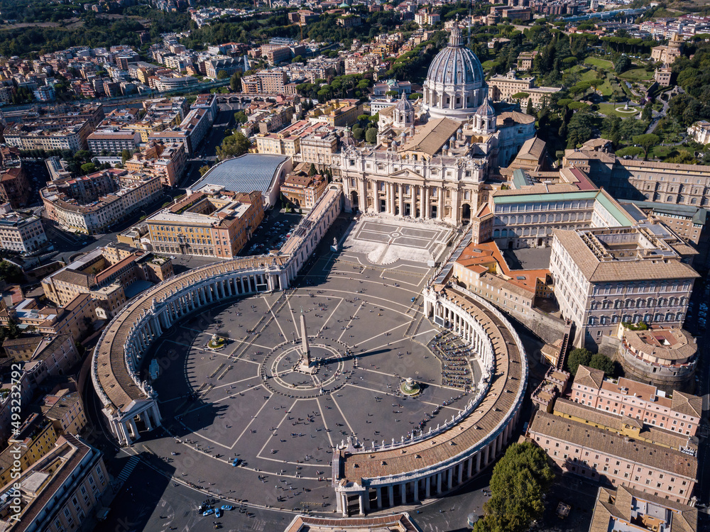 St. Peter's cathedral and square (aerial drone photo). Vatican, Rome, Italy