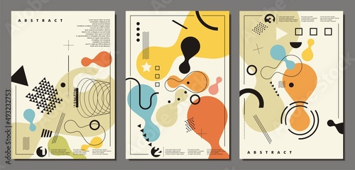 Abstract geometric art made from various shapes, lines and design symbols and elements. Creative Memphis style brochure design set. Vector cover illustration.