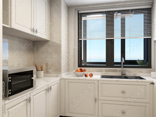 3D rendering,Modern family kitchen design, new cabinets and kitchenware with refrigerators, sunlight from the window. © 李 大大