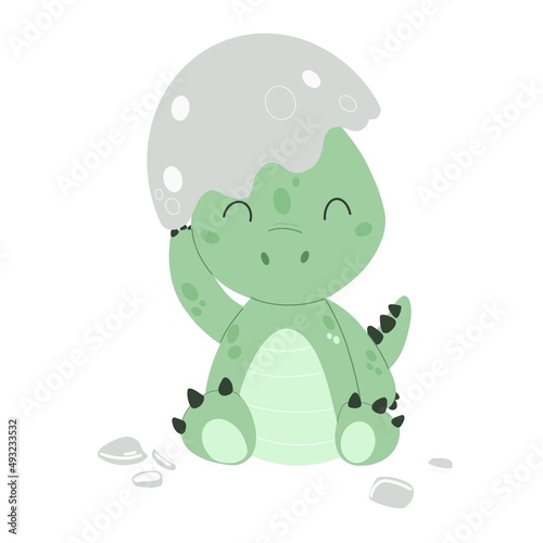 Little dinosaur hatched from an egg. Flat illustration isolated on white background 