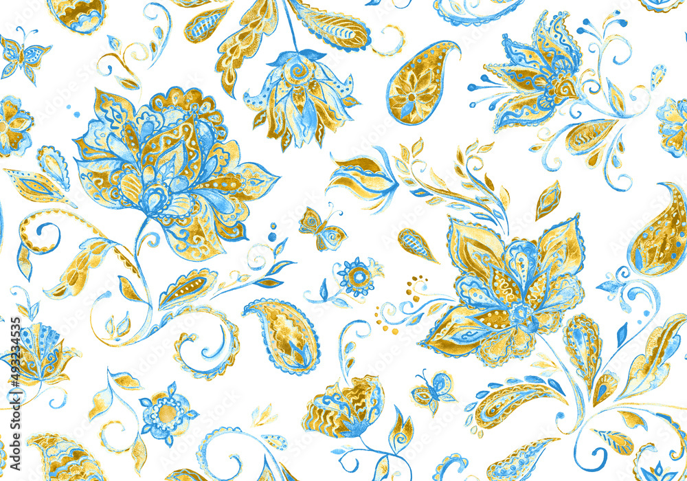 Obraz premium Paisley watercolor floral pattern tile with flowers, flores, tulips, leaves. Oriental traditional hand painted water color whimsical seamless print isolated on white. Abstract indian batik background