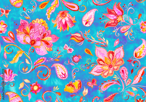 Paisley watercolor floral pattern tile with flowers, flores, tulips, leaves. Oriental traditional hand painted water color whimsical seamless print isolated on white. Abstract indian batik background