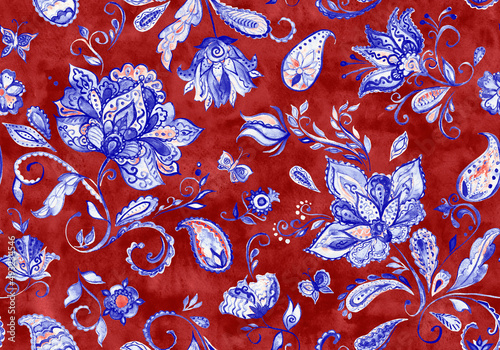 Paisley watercolor floral pattern tile with flowers, flores, tulips, leaves. Oriental traditional hand painted water color whimsical seamless print isolated on white. Abstract indian batik background
