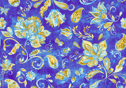 Paisley watercolor floral pattern tile with flowers, flores, tulips, leaves. Oriental traditional hand painted water color whimsical seamless print isolated on white. Abstract indian batik background