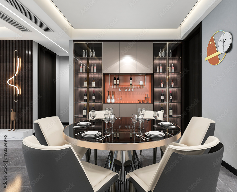 3D rendering, spacious dining room design next to the modern kitchen, with a beautiful dining table and greenery
