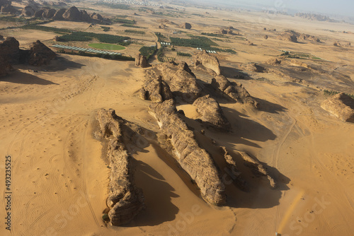 Aerial views of desert outcrops around the oasis of Al Ula in the north west region of Saudi Arabia