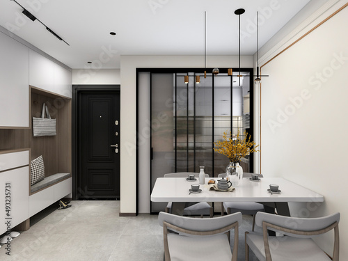 3D rendering  spacious dining room design next to the modern kitchen  with a beautiful dining table and greenery