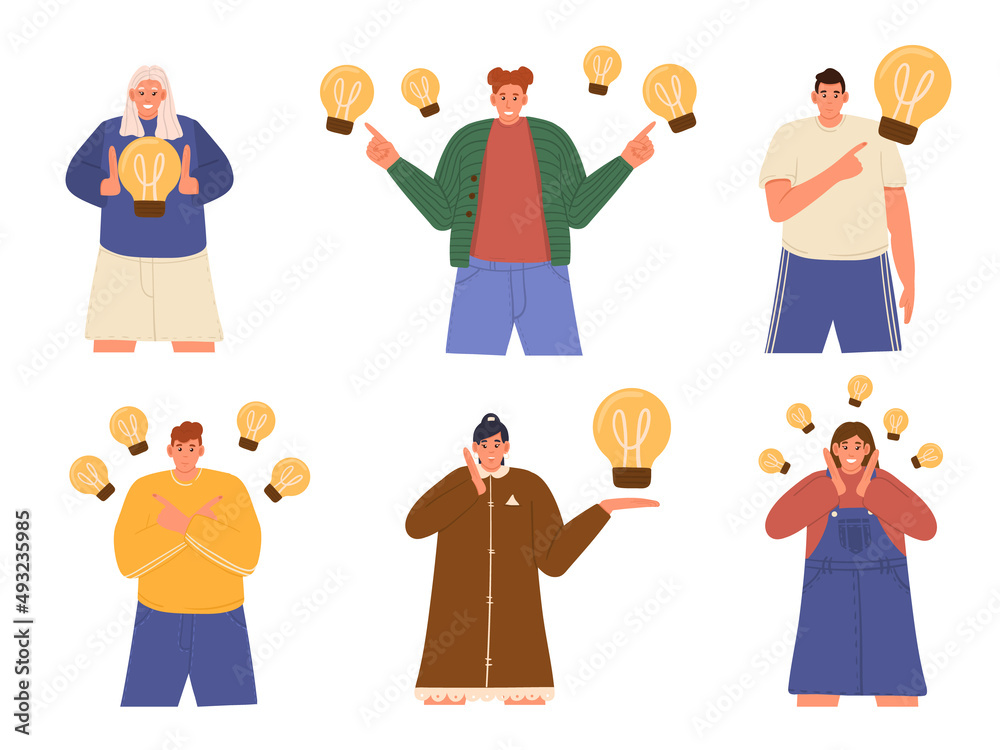 Set with creative male and female characters with light bulbs on white background. Concept of finding brilliant ideas. Lightbulbs as symbol of solutions and knowledge. Flat cartoon vector illustration