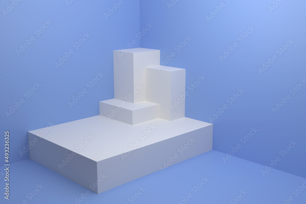 Abstract furniture in the corner of the room with blue walls and blue floor. White fused rectangular geometric bodies in the corner. 3D render.. Abstract furniture in the corner of the room with blue walls and blue floor. White fused rectangular geometric bodies in the corner. 3D render..