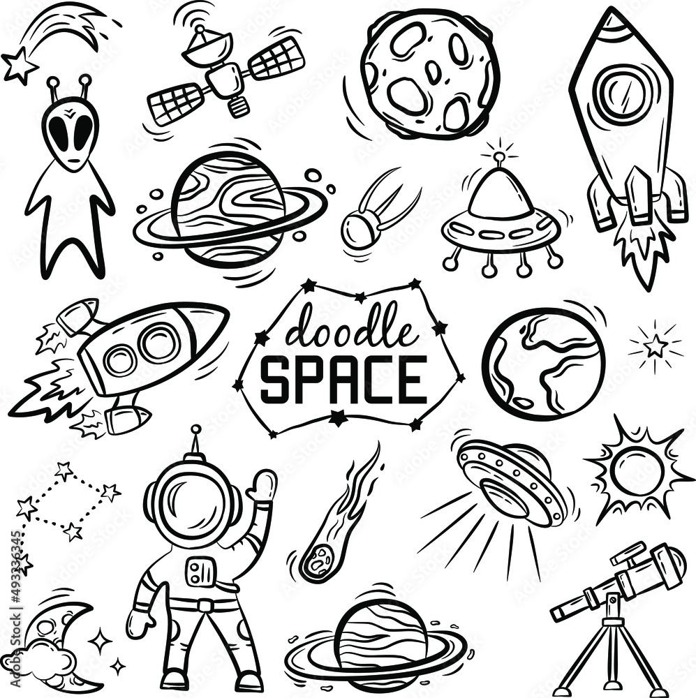 Set of hand drawn space objects on white background. Doodle set of planets, rockets, aliens, etc. Vector illustration