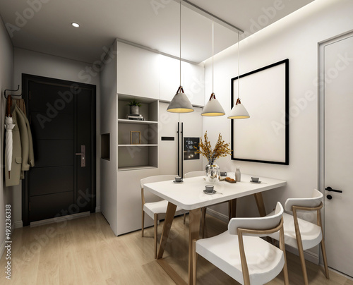 3D rendering  spacious dining room design next to the modern kitchen  with a beautiful dining table and greenery