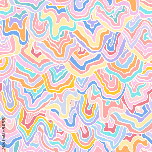 Abstract colorful retro seamless pattern. Vintage multicolored vector illustration. Fluid lines print for fabric, stationery, any surface. Marbled texture, liquid stripes