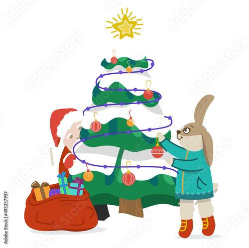 Fototapeta Naklejka Na Ścianę i Meble -  The rabbit decorates the Christmas tree. Santa Claus peeks out from behind the Christmas tree. Cute rabbit in winter. Christmas and New Year. Vector illustration.