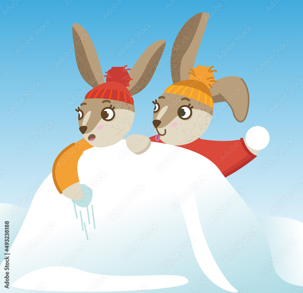 Two rabbits hide behind a snowdrift. Cute rabbit in winter. Christmas and  New Year. Vector illustration. Stock Vector | Adobe Stock