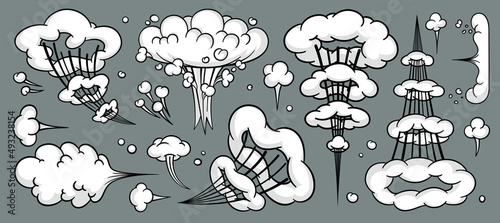 Comic cloud or smoke, cartoon vector motion effects, and explosions