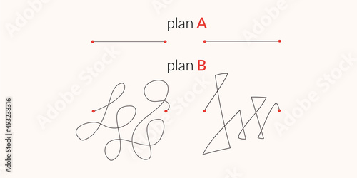 Plan B Alternative difficult path concept vector infographic illustration. Challenge to choose strategy with chaos way or positive thinking route. Easy straight decision vs messy hard curve line