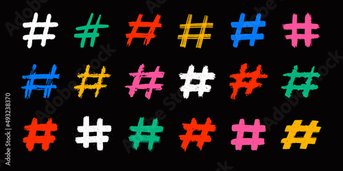 Hashtags, vector ink painted tag icons on white background. Hand Drawn vector illustration.