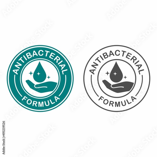 Antibacterial formula logo design template illustration. Antibacterial hand gel icon, vector shield logo, anti bacterial antiseptic hand wash. Covid coronavirus clean hygiene label