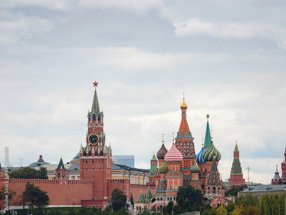 Beautiful view of Red Square with Moscow Kremlin and St. Basil's Cathedral in rainy summer. This is main tourist destination in Moscow. Beautiful panorama of heart of city. Beautiful view of Red Square with Moscow Kremlin and St. Basil's Cathedral in rainy summer. This is main tourist destination in Moscow. Beautiful panorama of heart of city.