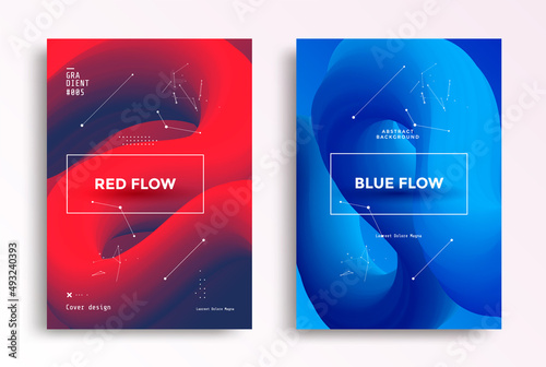 Cover design with red and blue color flow shapes composition. Posters with 3d gradients fluid shape and graphics elements. Minimal futuristic composition for flyers.