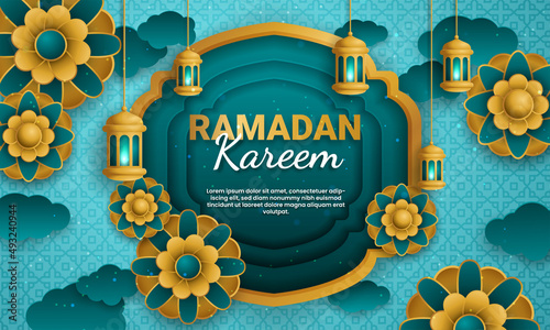 Ramadan kareem paper cut vector. Banner or poster with lantern and cloud ornament, suitable for  celebrating ramadan events.