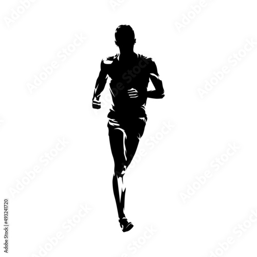 Run logo, running man, front view isolated vector silhouette. Marathon logo