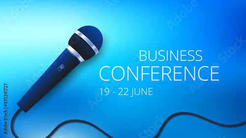 Vocal Microphone isolated on bright blue background. Business Conference or karaoke party poster design with mic. Vector illustration