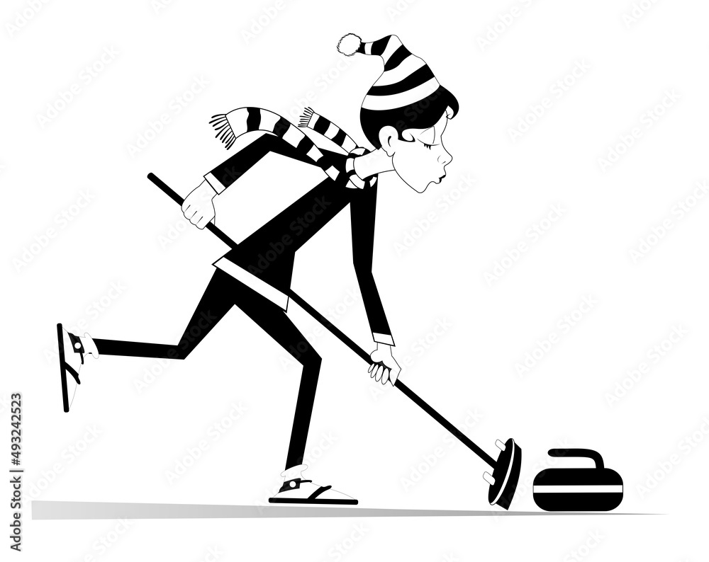 Obraz premium Pretty young woman plays curling isolated illustration. Young woman with curling brush pushes a stone towards a target black on white background 