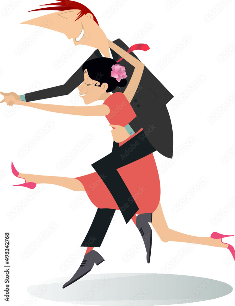 Fototapeta premium Dancing young couple illustration. Romantic dancing man and woman isolated on white 