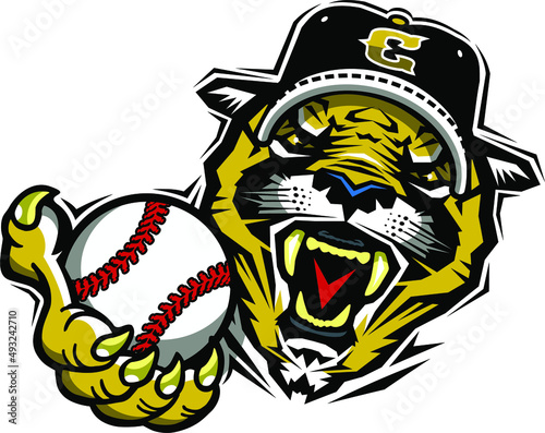 roaring cougar mascot holding baseball for school, college or league