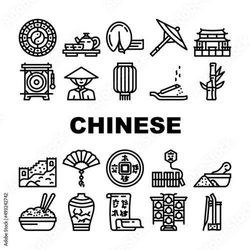 Chinese Accessory And Tradition Icons Set Vector. Chinese Great Wall And Temple Building, Lantern And Umbrella, Asian Tea And Oriental Food Dish, Calendar And Conical Hat Black Contour Illustrations