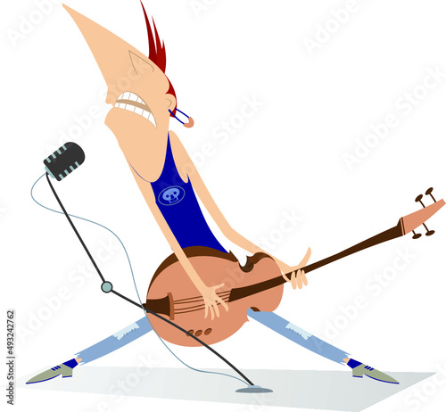 Cartoon singing guitar player isolated illustration. 
Funny guitarist plays electric guitar and sings to microphone isolated on white background
