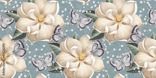 Floral background, seamless pattern. Big magnolia flowers, butterflies. Watercolor vintage 3d illustration. Blue abstract background. Luxury wallpaper, cloth, tapestry, fabric printing, modern design