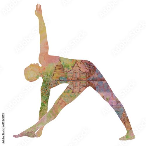 Man doing yoga. Watching hand painted Buddha and temple in a silhouette of a man doing triangle yoga pose isolated on white. Workout for body, mind and spirit. Body is a temple concept