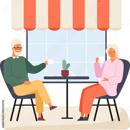 Elderly Couple in Summer Outdoor Cafe Illustration 