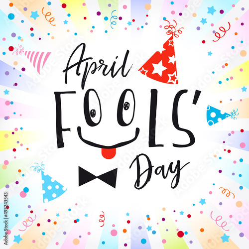 April fools day greeting card. Creative typography as fool's face. Isolated abstract graphic design template. Holiday white backdrop. Happy birthday congratulating sample idea. Decorative calligraphy.