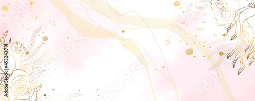Luxurious golden wallpaper. Banner with roses.. Watercolor pink, spots on a white background. Brilliant flowers and twigs. vector file