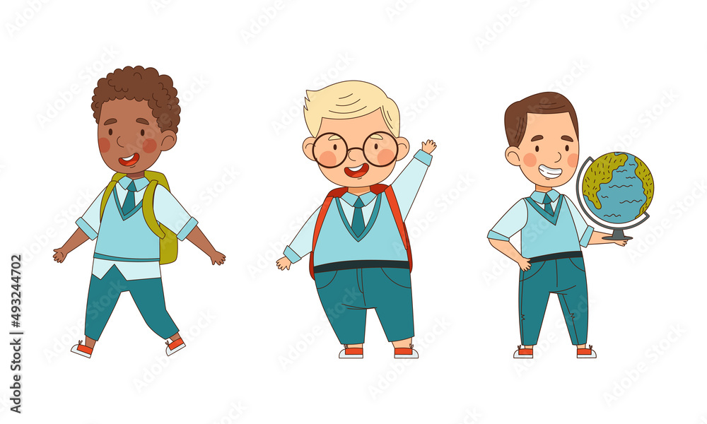 Cute schoolkids in blue uniform going to school set. Happy elementary school student characters cartoon vector illustration